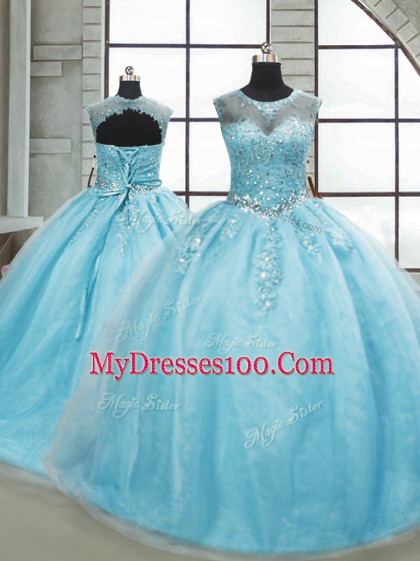 Sleeveless Brush Train Lace Up Beading 15th Birthday Dress