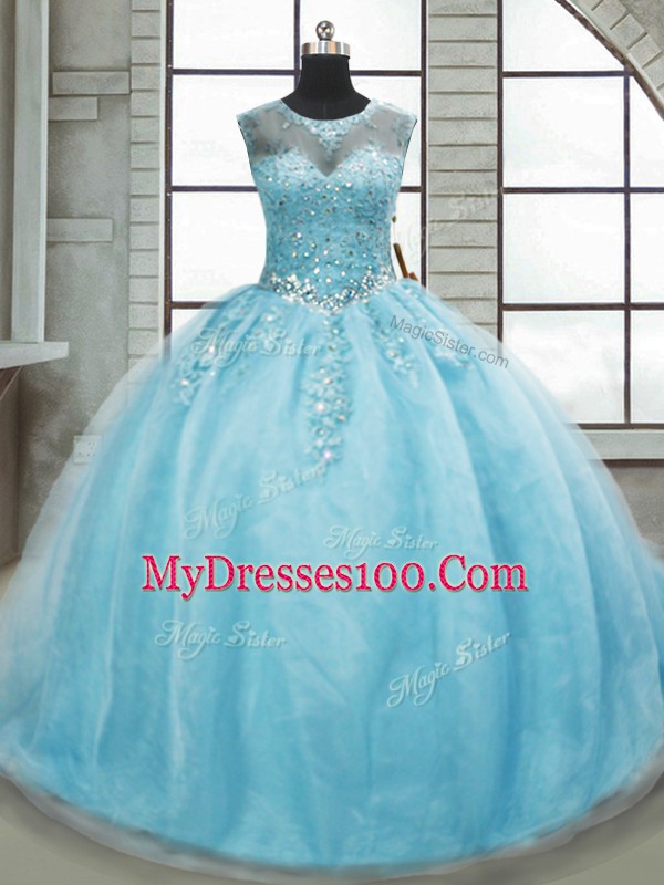 Sleeveless Brush Train Lace Up Beading 15th Birthday Dress