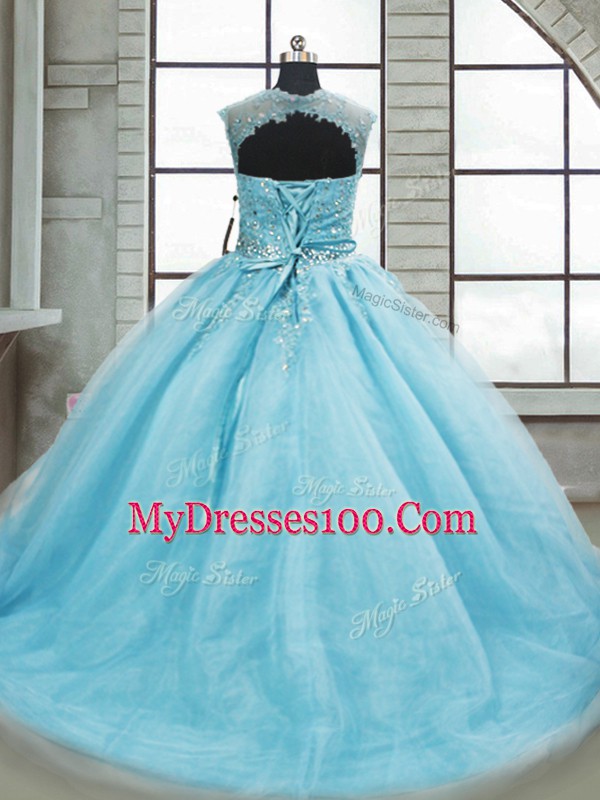 Sleeveless Brush Train Lace Up Beading 15th Birthday Dress