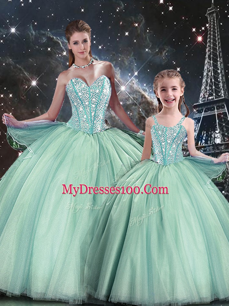 Fantastic Ball Gowns Ball Gown Prom Dress Turquoise Sweetheart Tulle Sleeveless Floor Length Lace Up