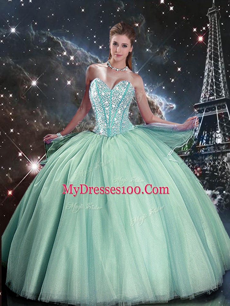 Fantastic Ball Gowns Ball Gown Prom Dress Turquoise Sweetheart Tulle Sleeveless Floor Length Lace Up