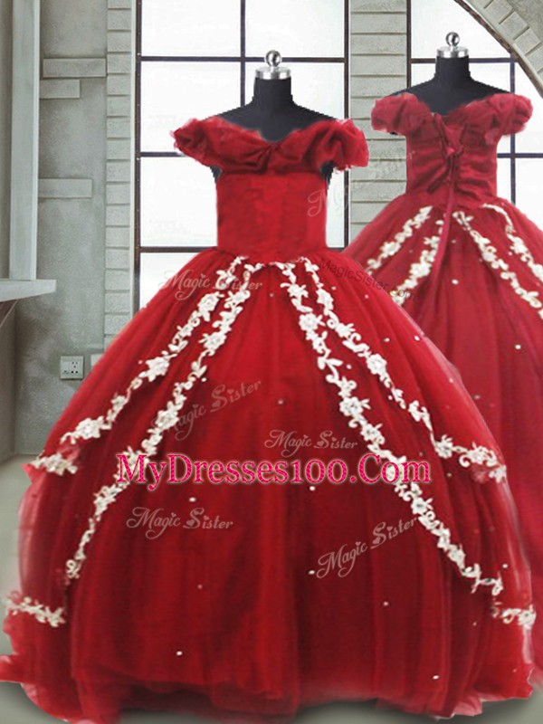 Beautiful Wine Red Lace Up Child Pageant Dress Appliques Sleeveless Brush Train