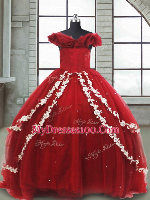 Beautiful Wine Red Lace Up Child Pageant Dress Appliques Sleeveless Brush Train