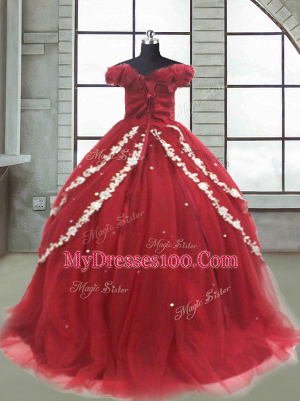 Beautiful Wine Red Lace Up Child Pageant Dress Appliques Sleeveless Brush Train