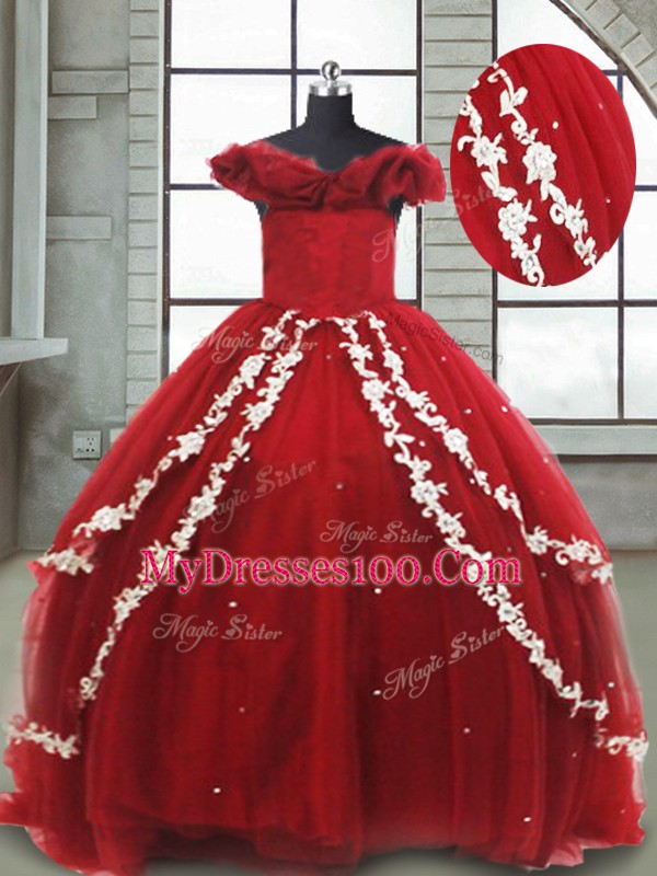 Beautiful Wine Red Lace Up Child Pageant Dress Appliques Sleeveless Brush Train