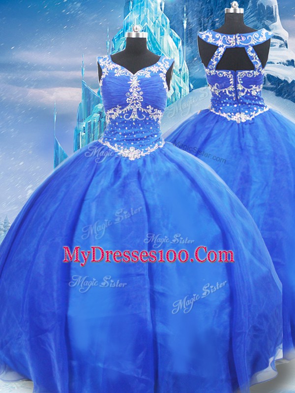 Blue Zipper Quinceanera Dresses Beading Sleeveless Floor Length