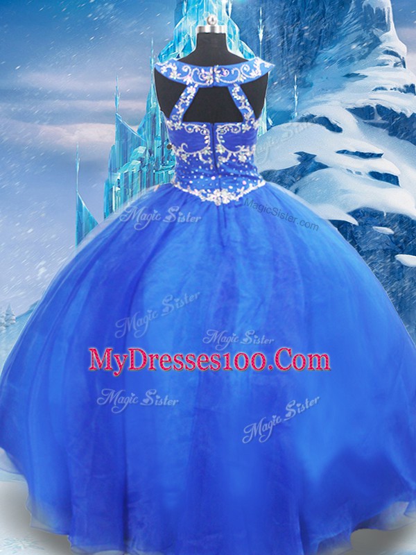 Blue Zipper Quinceanera Dresses Beading Sleeveless Floor Length