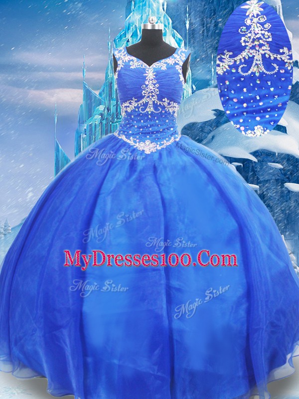 Blue Zipper Quinceanera Dresses Beading Sleeveless Floor Length