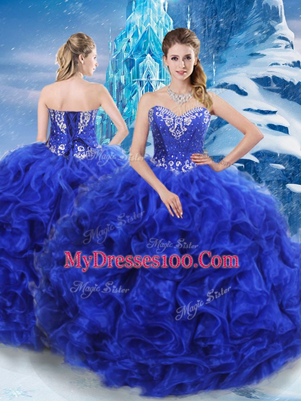 Sleeveless Organza Floor Length Lace Up Quinceanera Gowns in Royal Blue with Beading