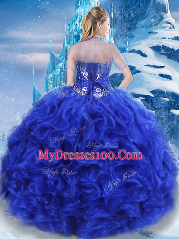 Sleeveless Organza Floor Length Lace Up Quinceanera Gowns in Royal Blue with Beading