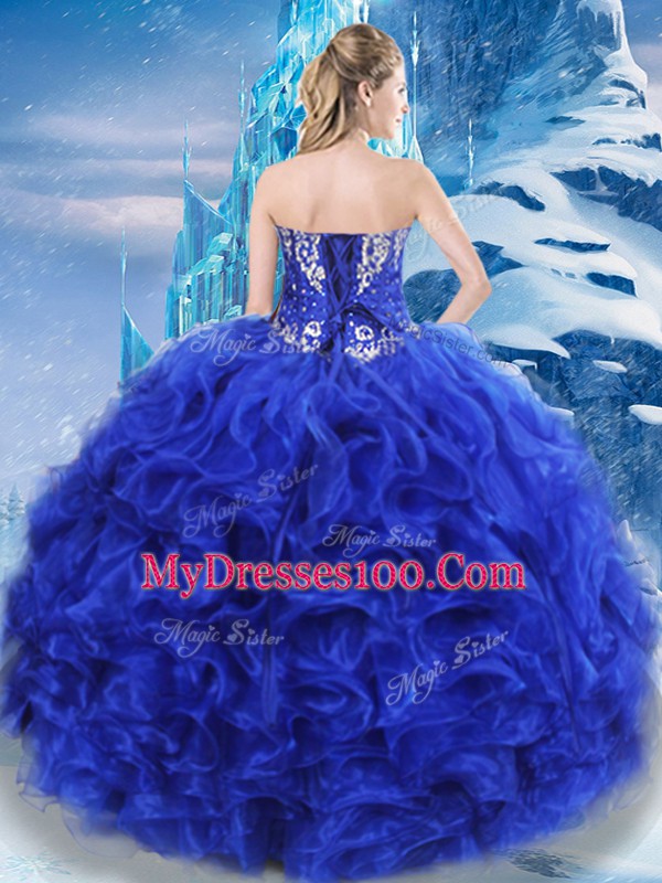 Sleeveless Organza Floor Length Lace Up Quinceanera Gowns in Royal Blue with Beading