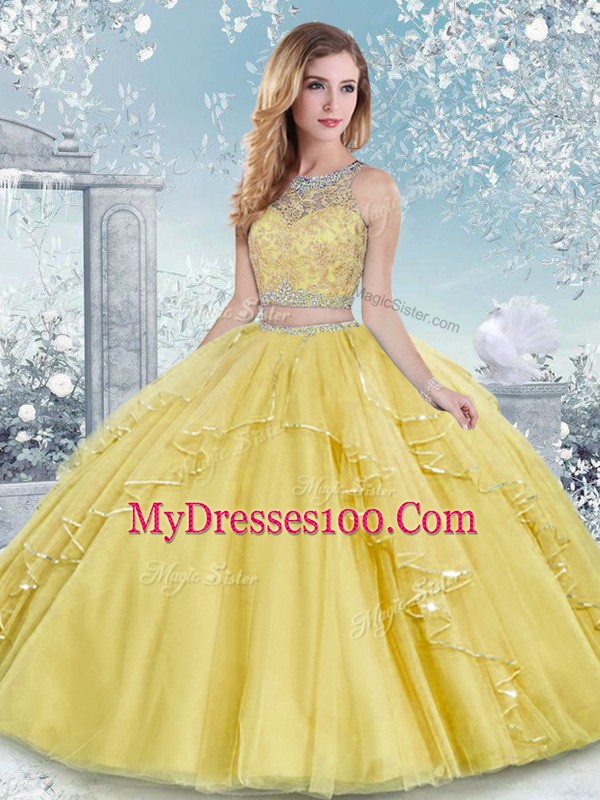 Exceptional Gold Sleeveless Floor Length Beading and Lace Clasp Handle Sweet 16 Quinceanera Dress