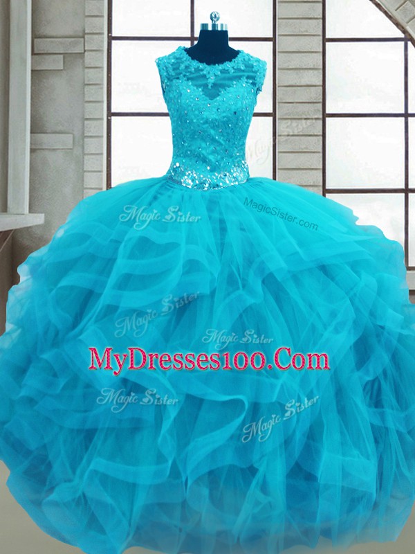 Baby Blue Tulle Lace Up Scoop Sleeveless Floor Length Quince Ball Gowns Beading and Ruffles