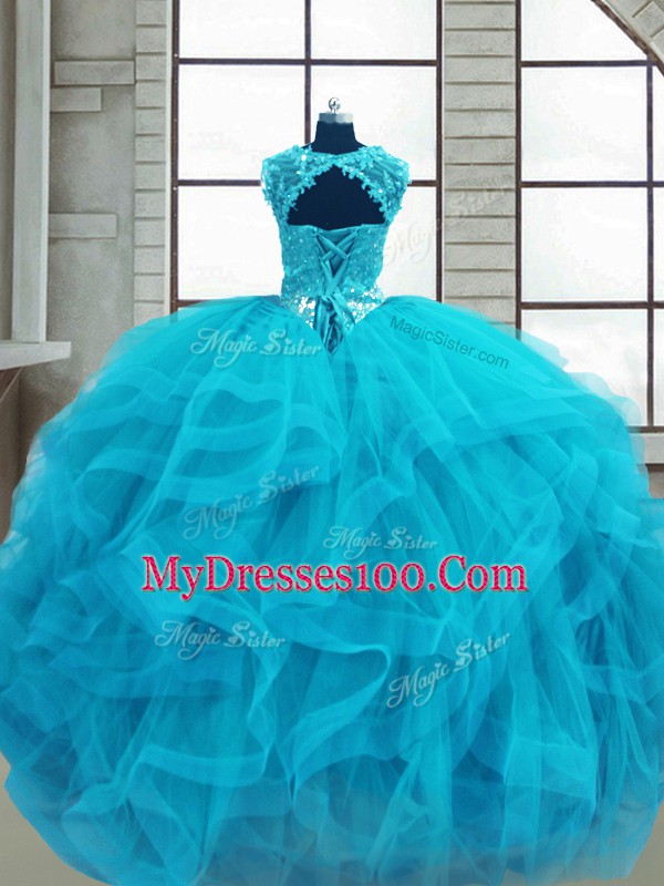 Baby Blue Tulle Lace Up Scoop Sleeveless Floor Length Quince Ball Gowns Beading and Ruffles