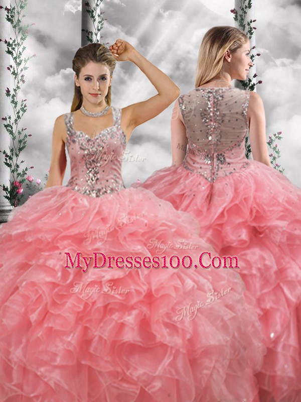 Pretty Floor Length Watermelon Red Sweet 16 Dress Organza Sleeveless Beading and Ruffles