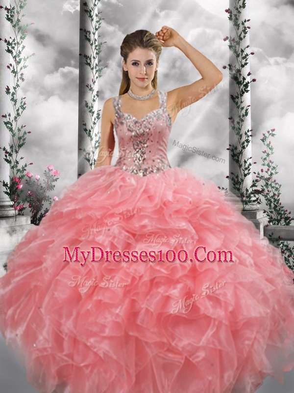 Pretty Floor Length Watermelon Red Sweet 16 Dress Organza Sleeveless Beading and Ruffles