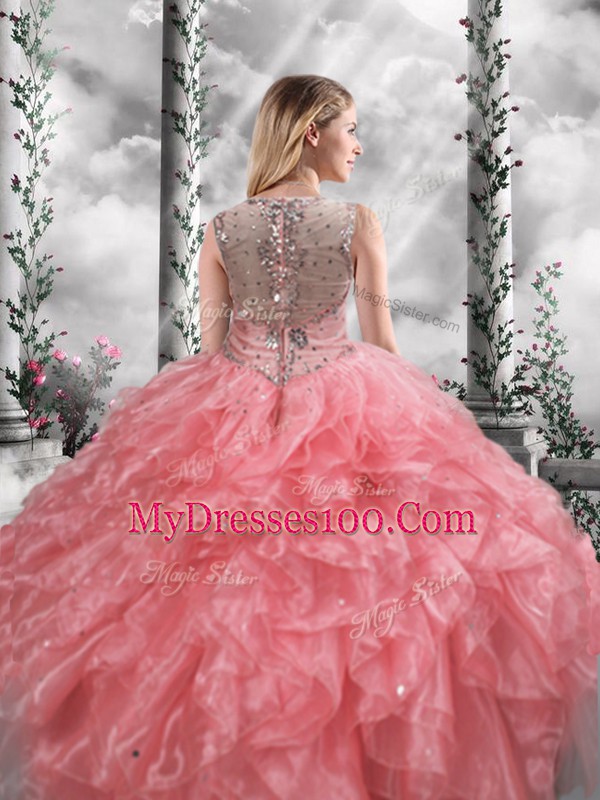 Pretty Floor Length Watermelon Red Sweet 16 Dress Organza Sleeveless Beading and Ruffles
