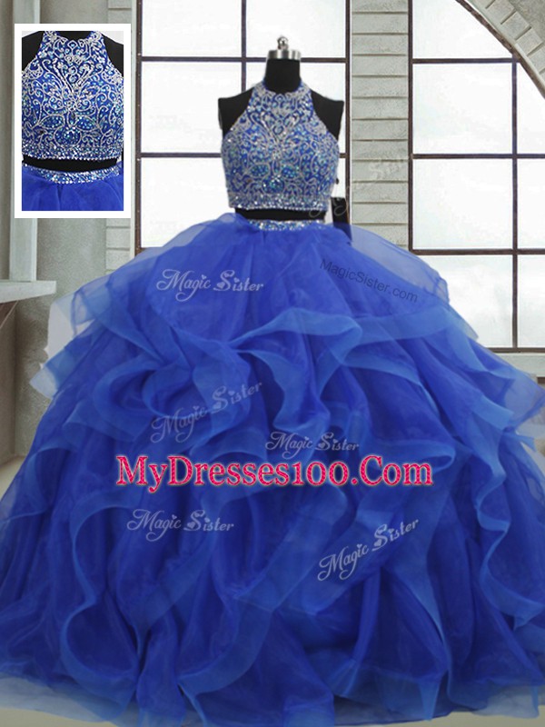 Dramatic Royal Blue Sweet 16 Quinceanera Dress Military Ball and Quinceanera with Beading and Ruffles Halter Top Sleeveless Lace Up