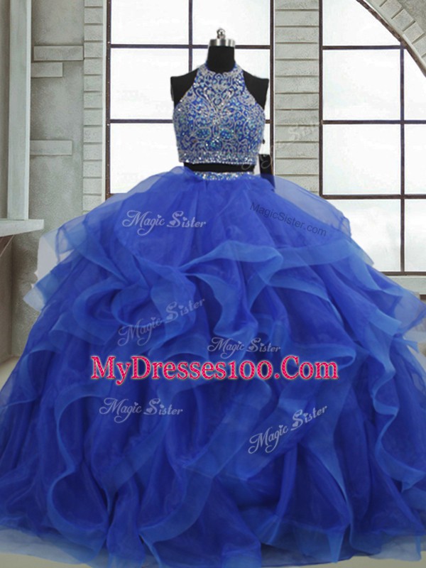 Dramatic Royal Blue Sweet 16 Quinceanera Dress Military Ball and Quinceanera with Beading and Ruffles Halter Top Sleeveless Lace Up