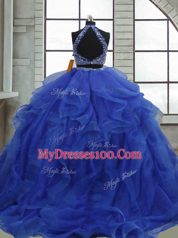 Dramatic Royal Blue Sweet 16 Quinceanera Dress Military Ball and Quinceanera with Beading and Ruffles Halter Top Sleeveless Lace Up