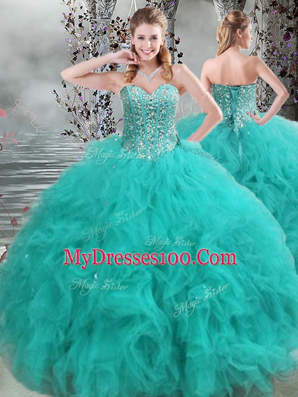 Suitable Turquoise Sweetheart Neckline Beading and Ruffles Sweet 16 Quinceanera Dress Sleeveless Lace Up