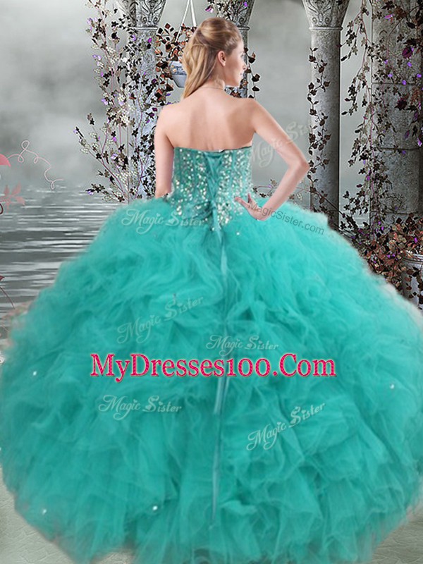 Suitable Turquoise Sweetheart Neckline Beading and Ruffles Sweet 16 Quinceanera Dress Sleeveless Lace Up