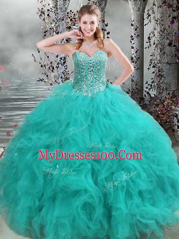 Suitable Turquoise Sweetheart Neckline Beading and Ruffles Sweet 16 Quinceanera Dress Sleeveless Lace Up