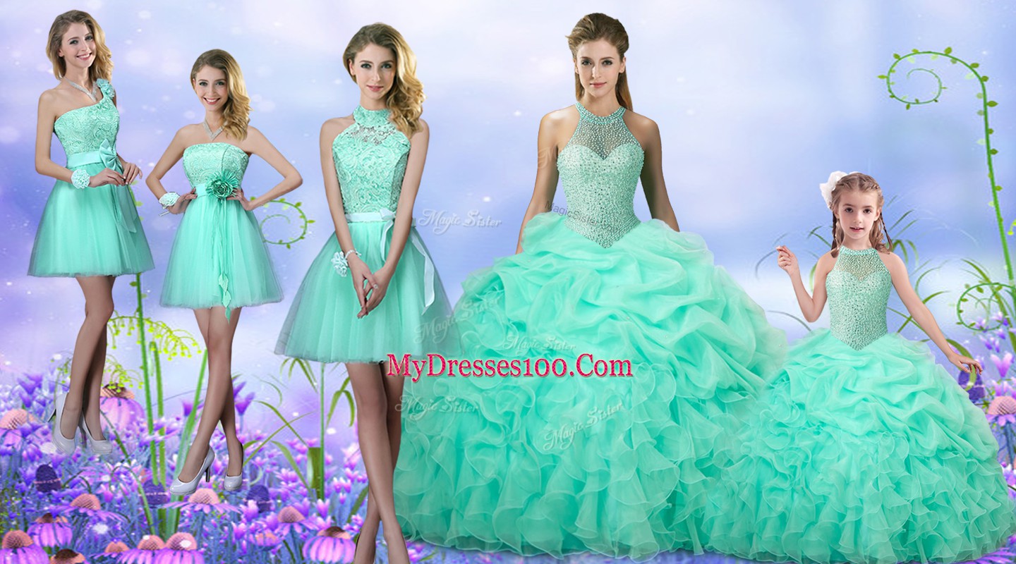 Apple Green Scoop Neckline Beading and Ruffles and Pick Ups Sweet 16 Dress Sleeveless Lace Up