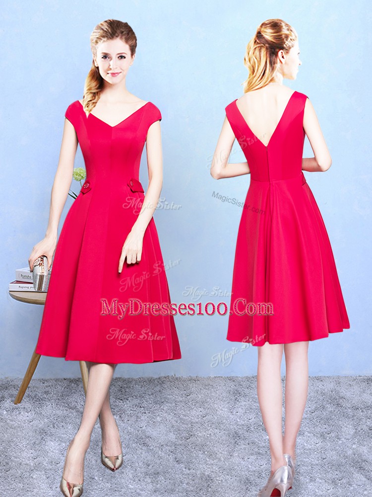 Fabulous Cap Sleeves Satin Tea Length Zipper Bridesmaid Dress in Red with Ruching