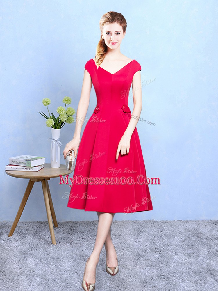 Fabulous Cap Sleeves Satin Tea Length Zipper Bridesmaid Dress in Red with Ruching