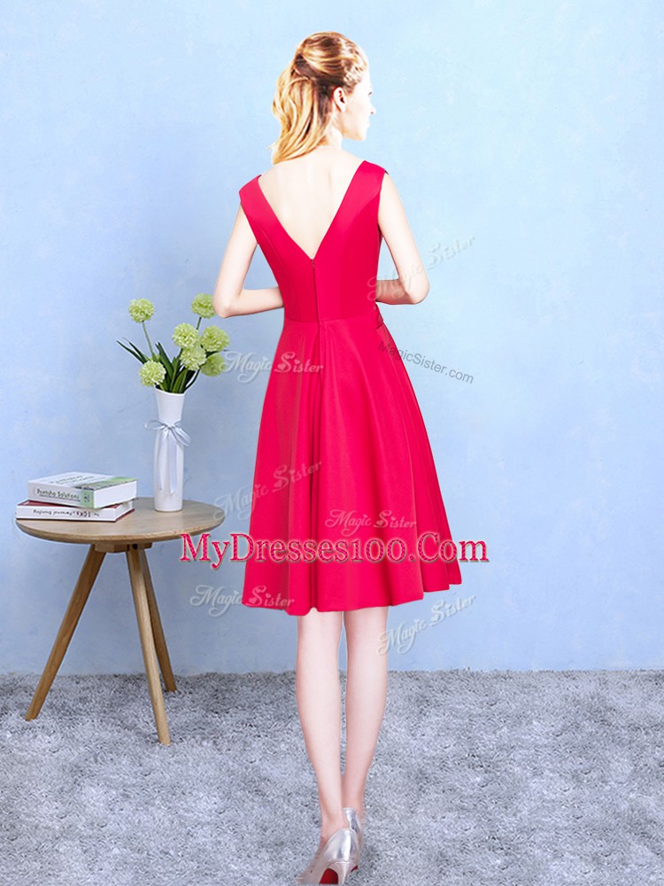 Fabulous Cap Sleeves Satin Tea Length Zipper Bridesmaid Dress in Red with Ruching