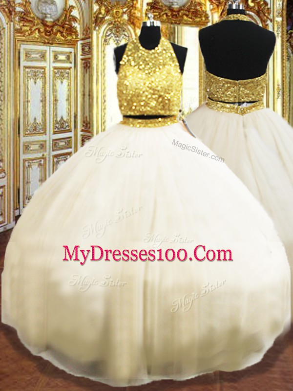 Floor Length Champagne 15 Quinceanera Dress Tulle Sleeveless Beading