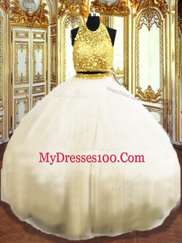 Floor Length Champagne 15 Quinceanera Dress Tulle Sleeveless Beading