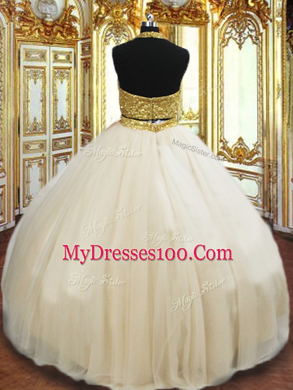 Floor Length Champagne 15 Quinceanera Dress Tulle Sleeveless Beading