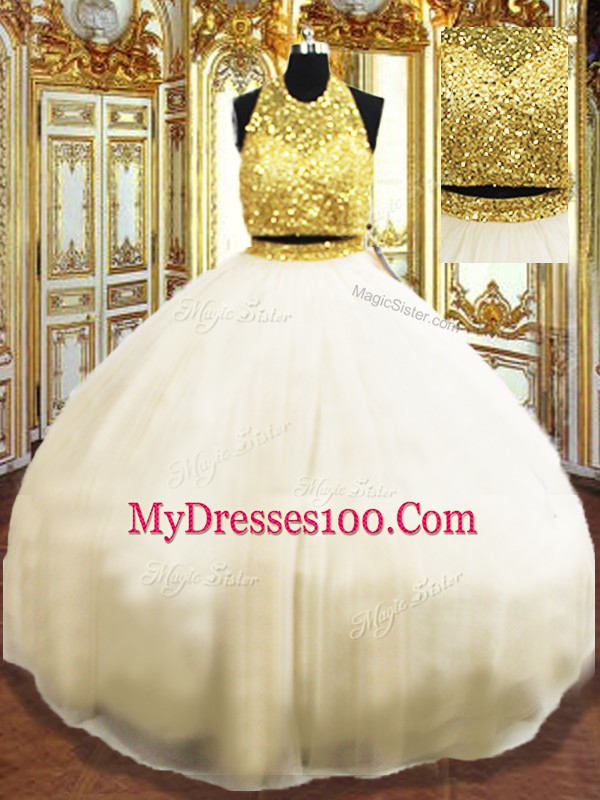 Floor Length Champagne 15 Quinceanera Dress Tulle Sleeveless Beading