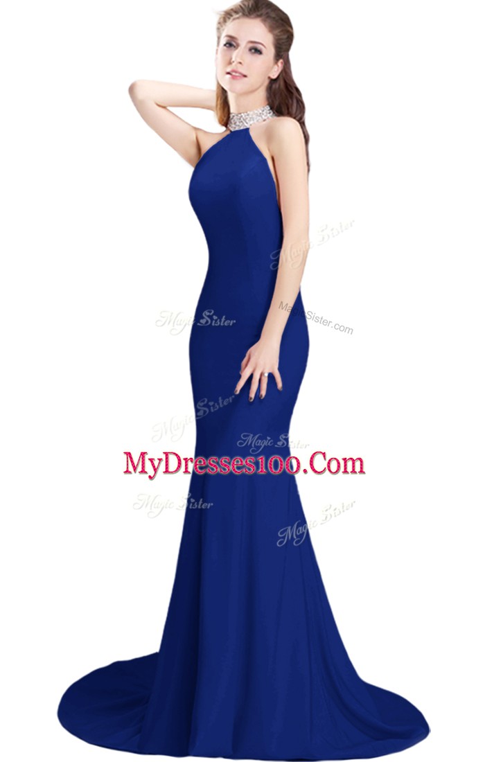 Nice Royal Blue Side Zipper Homecoming Dress Beading Sleeveless Brush Train