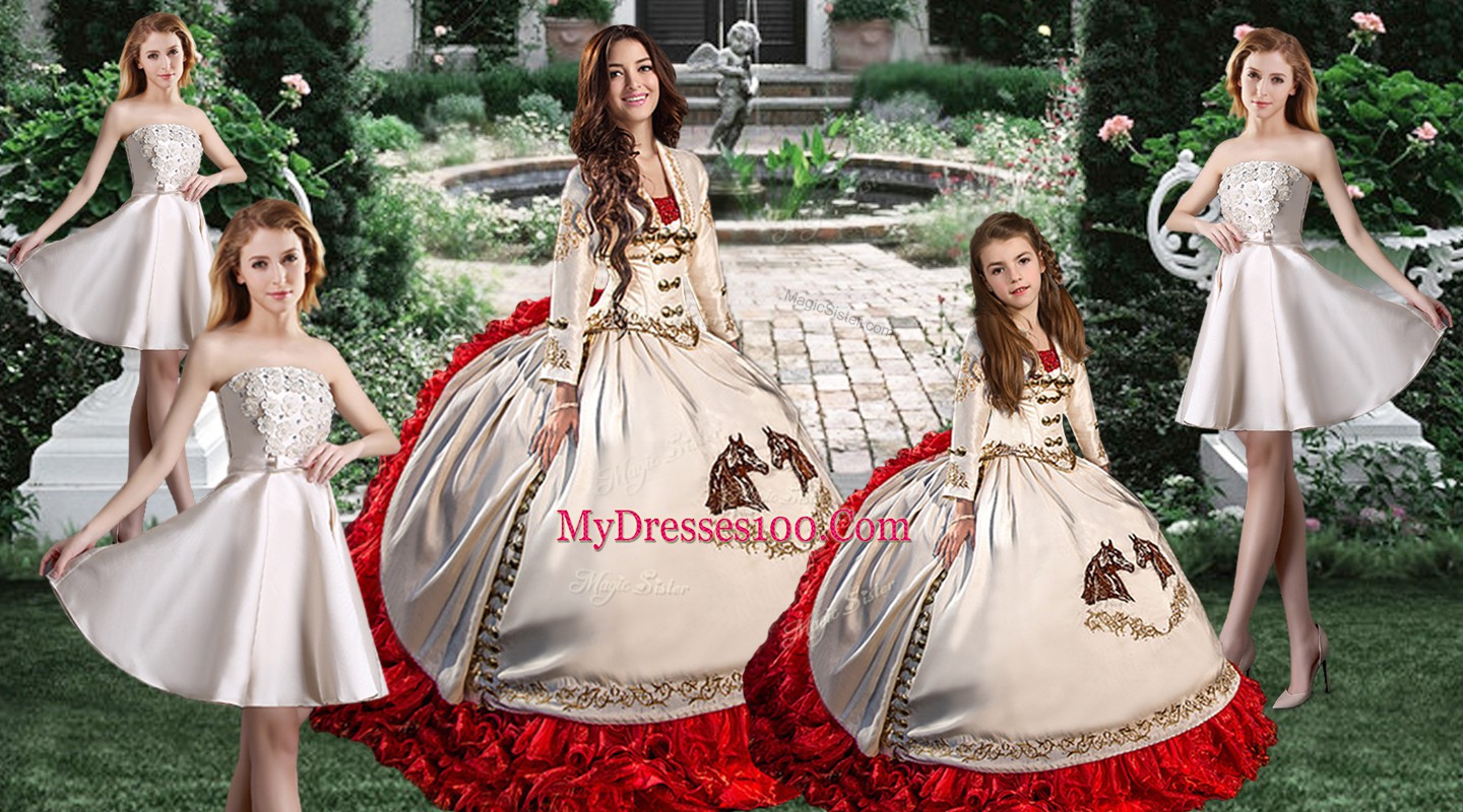 Lace Up Quinceanera Gown White for Military Ball and Sweet 16 and Quinceanera with Embroidery Brush Train