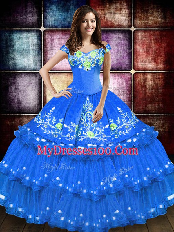 Sophisticated Floor Length Lace Up Ball Gown Prom Dress Blue for Military Ball and Sweet 16 and Quinceanera with Embroidery and Ruffled Layers
