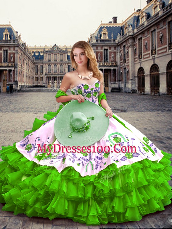 Floor Length Green Quinceanera Gown Organza Sleeveless Embroidery and Ruffled Layers