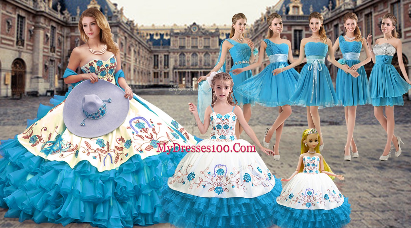 Chic Floor Length Baby Blue Quinceanera Gowns Organza Sleeveless Embroidery and Ruffled Layers