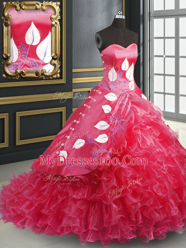 Dramatic Coral Red Sleeveless Embroidery and Ruffled Layers Lace Up Sweet 16 Dresses