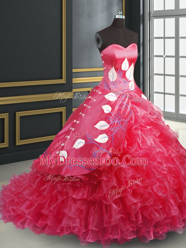 Dramatic Coral Red Sleeveless Embroidery and Ruffled Layers Lace Up Sweet 16 Dresses