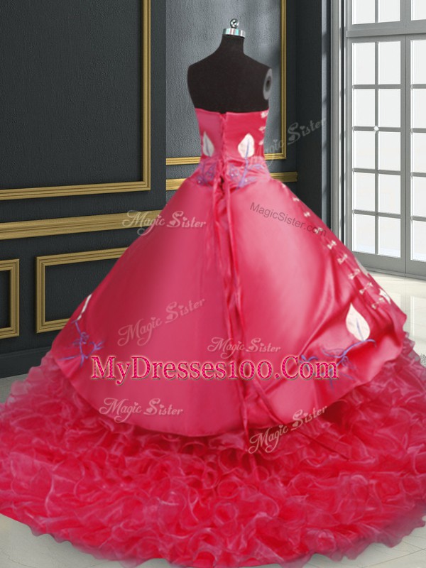 Dramatic Coral Red Sleeveless Embroidery and Ruffled Layers Lace Up Sweet 16 Dresses