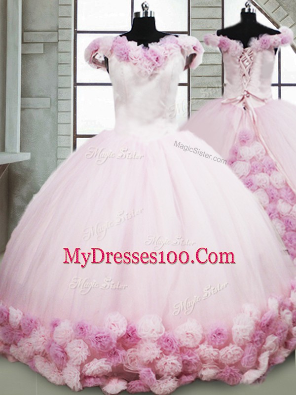 Off The Shoulder Sleeveless Quinceanera Gowns Brush Train Hand Made Flower Pink Fabric With Rolling Flowers