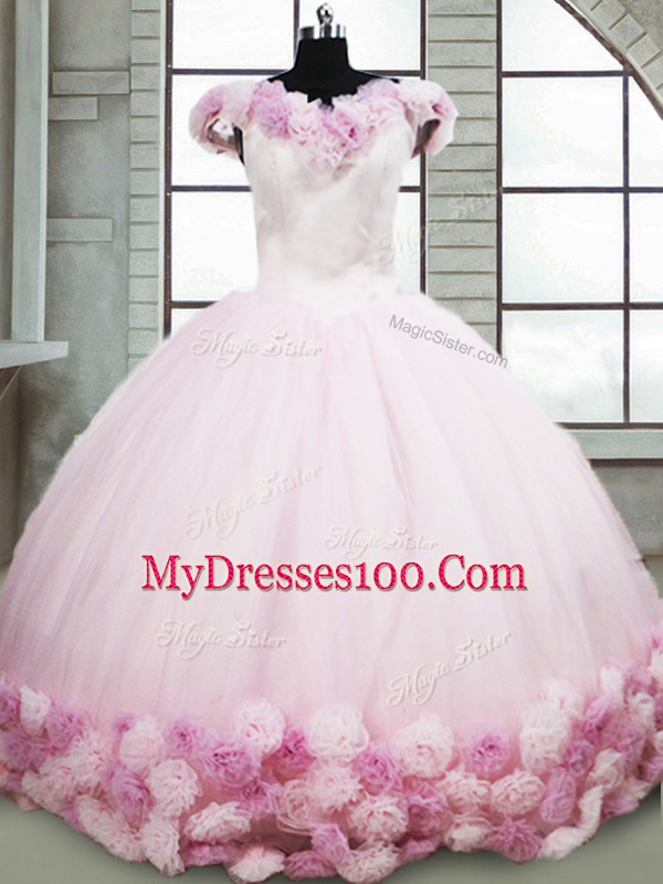 Off The Shoulder Sleeveless Quinceanera Gowns Brush Train Hand Made Flower Pink Fabric With Rolling Flowers