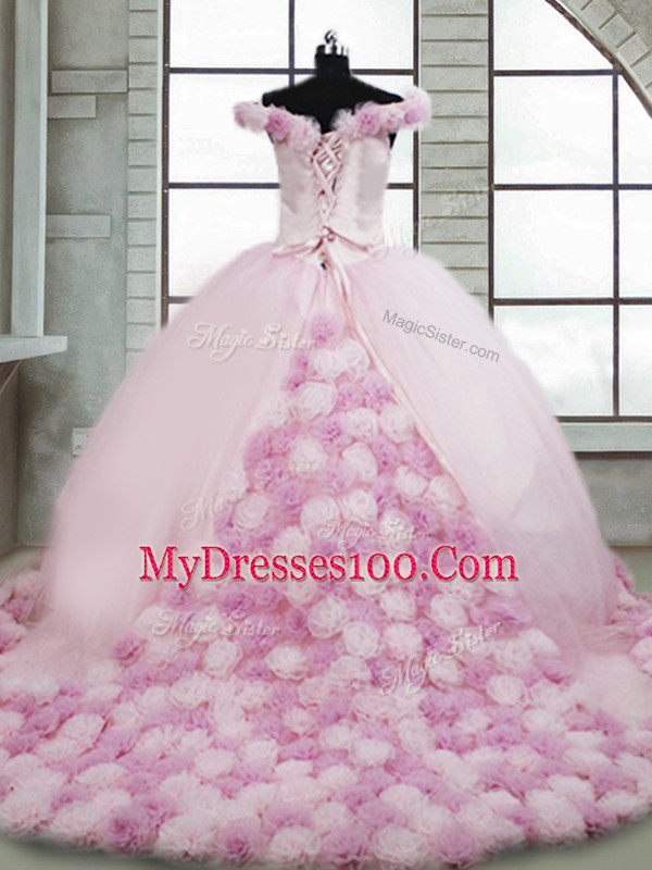 Off The Shoulder Sleeveless Quinceanera Gowns Brush Train Hand Made Flower Pink Fabric With Rolling Flowers