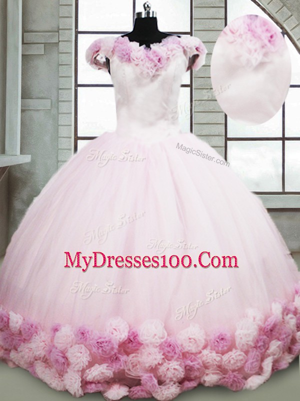 Off The Shoulder Sleeveless Quinceanera Gowns Brush Train Hand Made Flower Pink Fabric With Rolling Flowers
