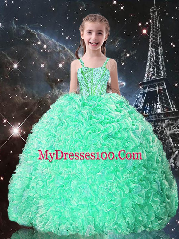 Apple Green Lace Up Straps Beading and Ruffles Child Pageant Dress Organza Sleeveless