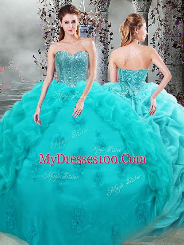 Sumptuous Sweetheart Sleeveless Sweet 16 Dresses Floor Length Beading and Appliques and Pick Ups Aqua Blue Organza