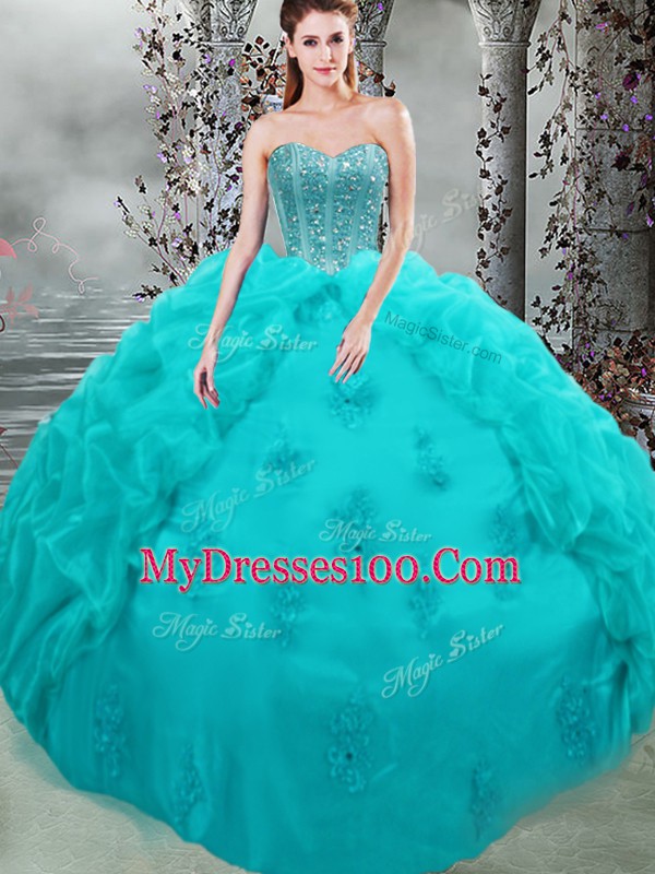 Sumptuous Sweetheart Sleeveless Sweet 16 Dresses Floor Length Beading and Appliques and Pick Ups Aqua Blue Organza